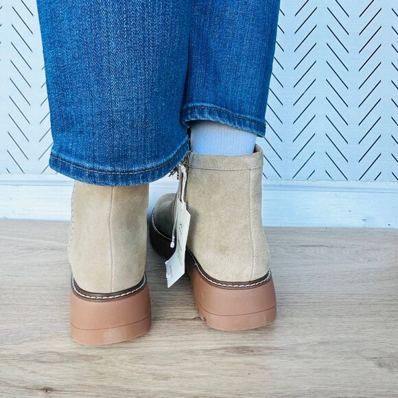 ⭐Lucky Brand Womens Suede Ankle Boots 7.5 Chameli Leather Platform Beige Booties - Picture 5 of 8